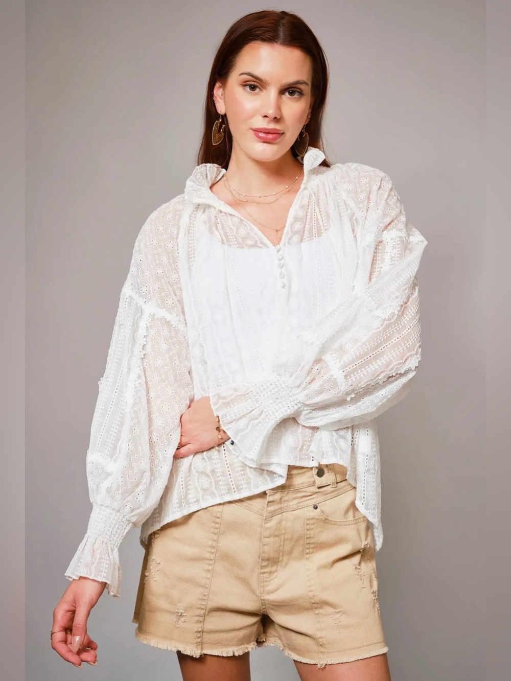 Blue b White Eyelet Peasant Blouse - Lightweight Women's Top
